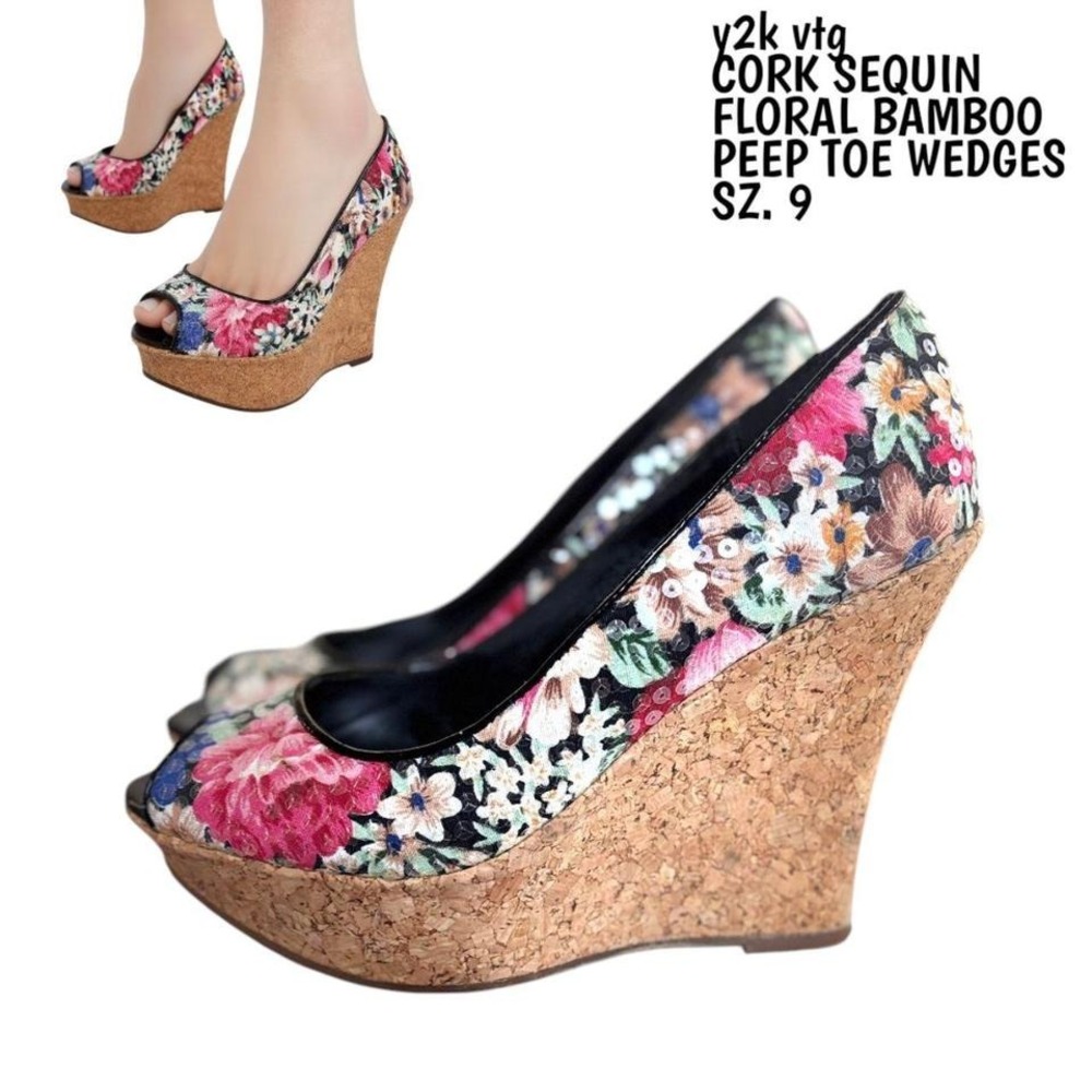 Y2K VTG. CORK PLATFORM FLORAL SEQUIN BAMBOO WEDGES‎ SIZE 9.